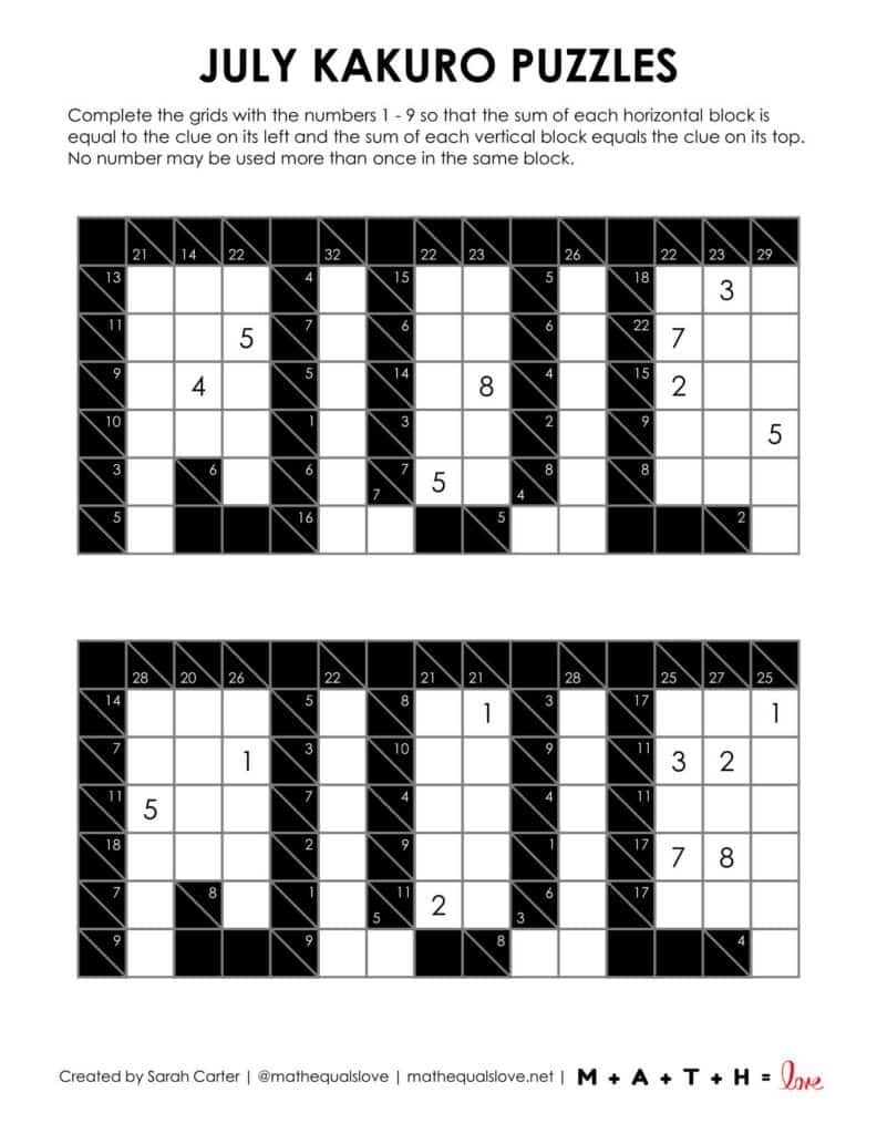 july kakuro puzzes printable pdf. 