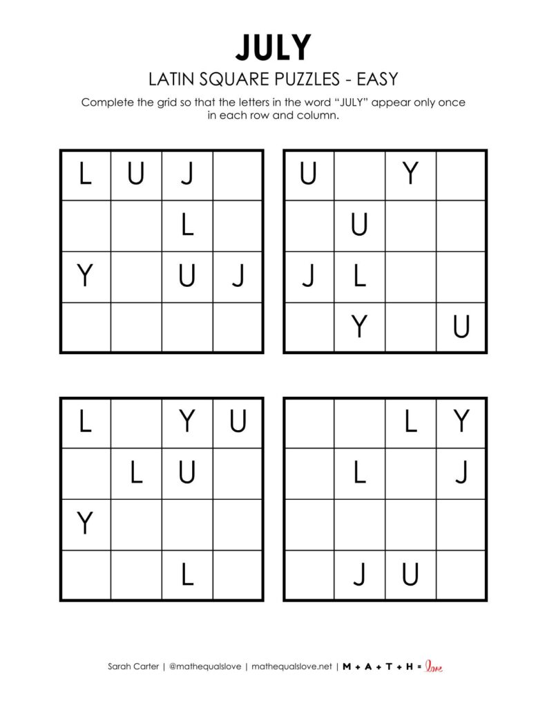 july latin square logic puzzle  - level easy. 