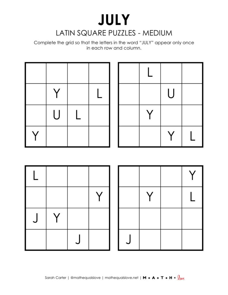 july latin square logic puzzle level medium. 
