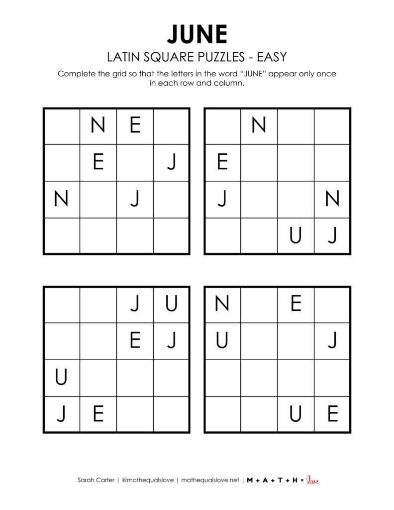 june latin square puzzle level easy.
