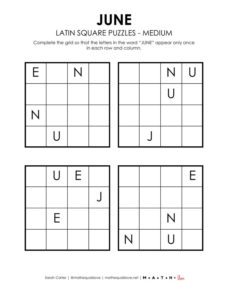 june latin square puzzle level medium.
