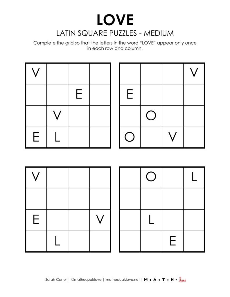 love latin square logic puzzle level medium.