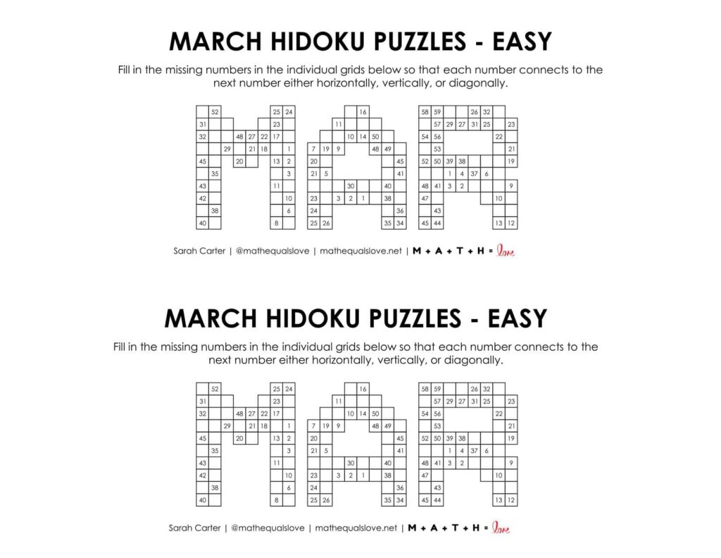 march hidoku logic puzzle level easy.