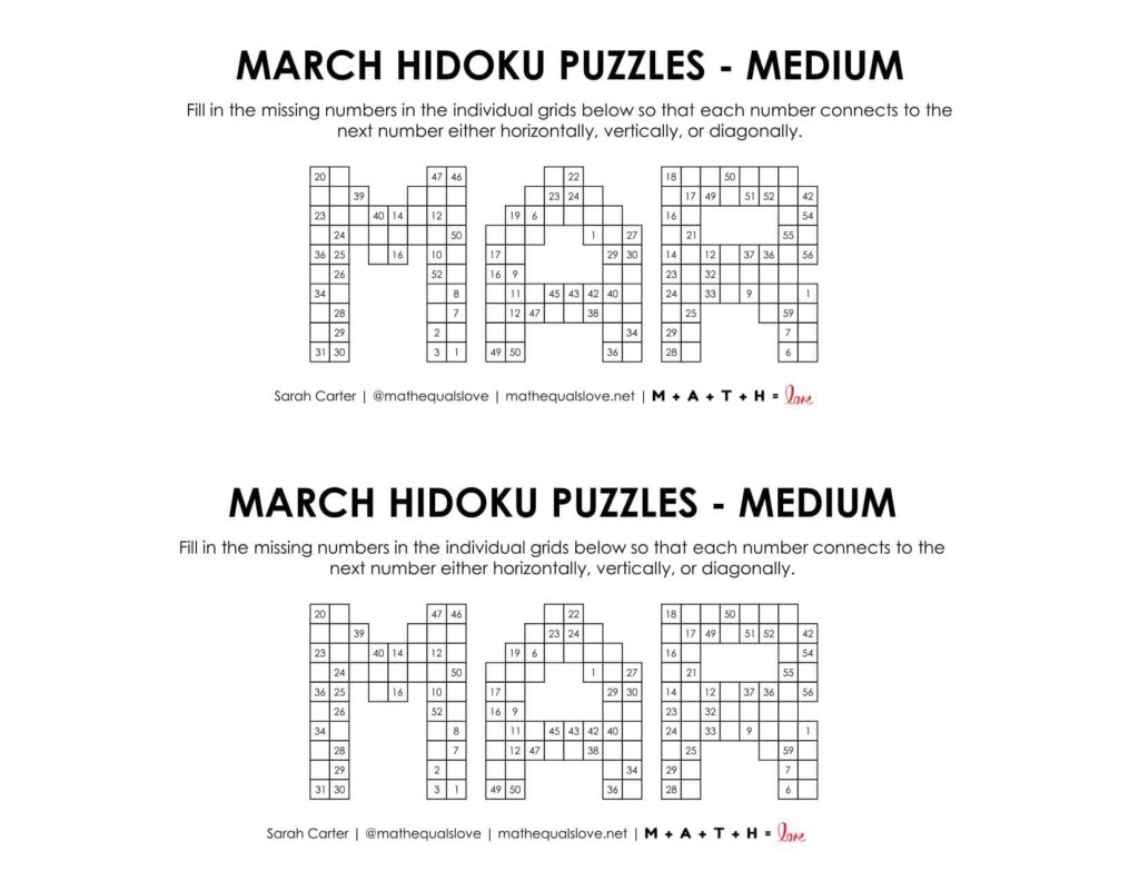 march hidoku logic puzzle level medium.