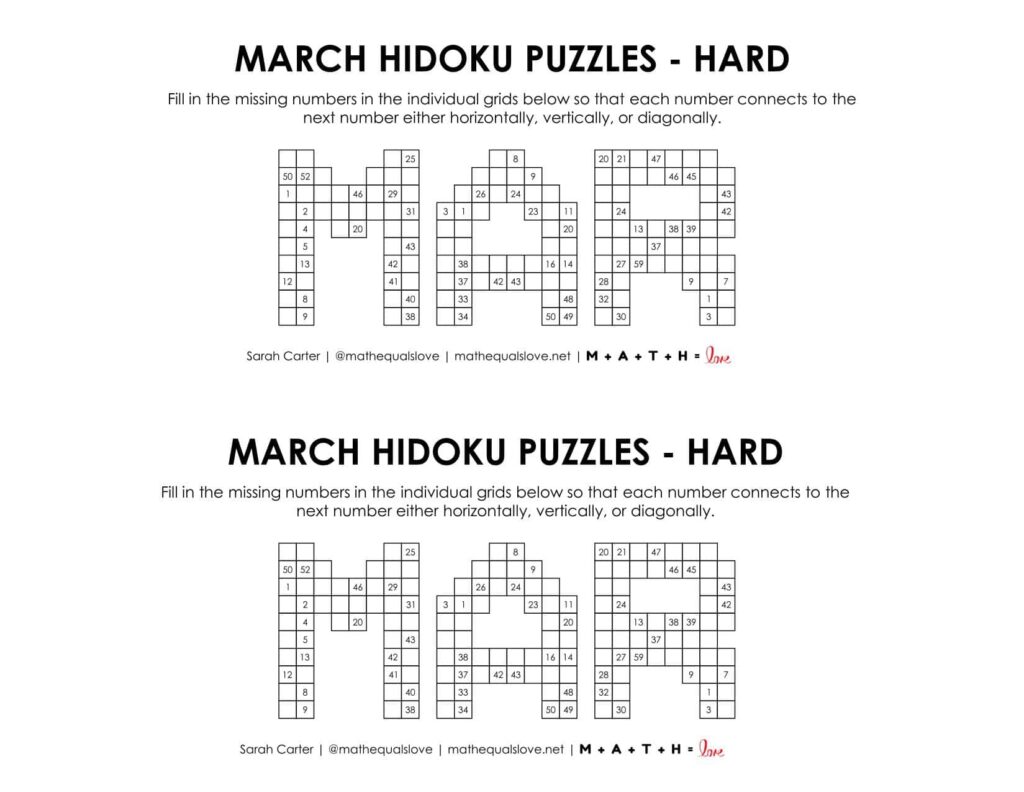 march hidoku logic puzzle level hard.