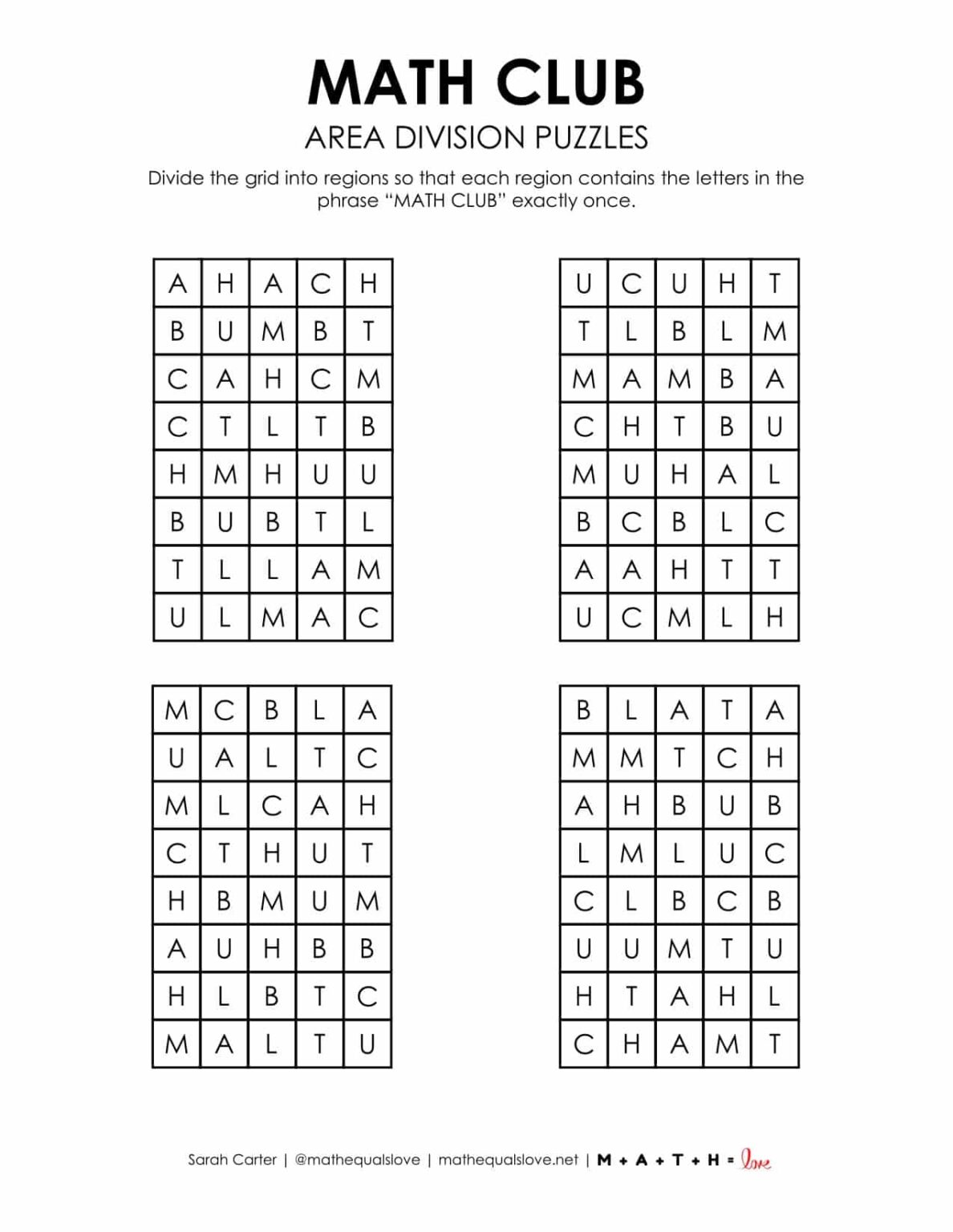Math Club Area Division Logic Puzzles | Math = Love