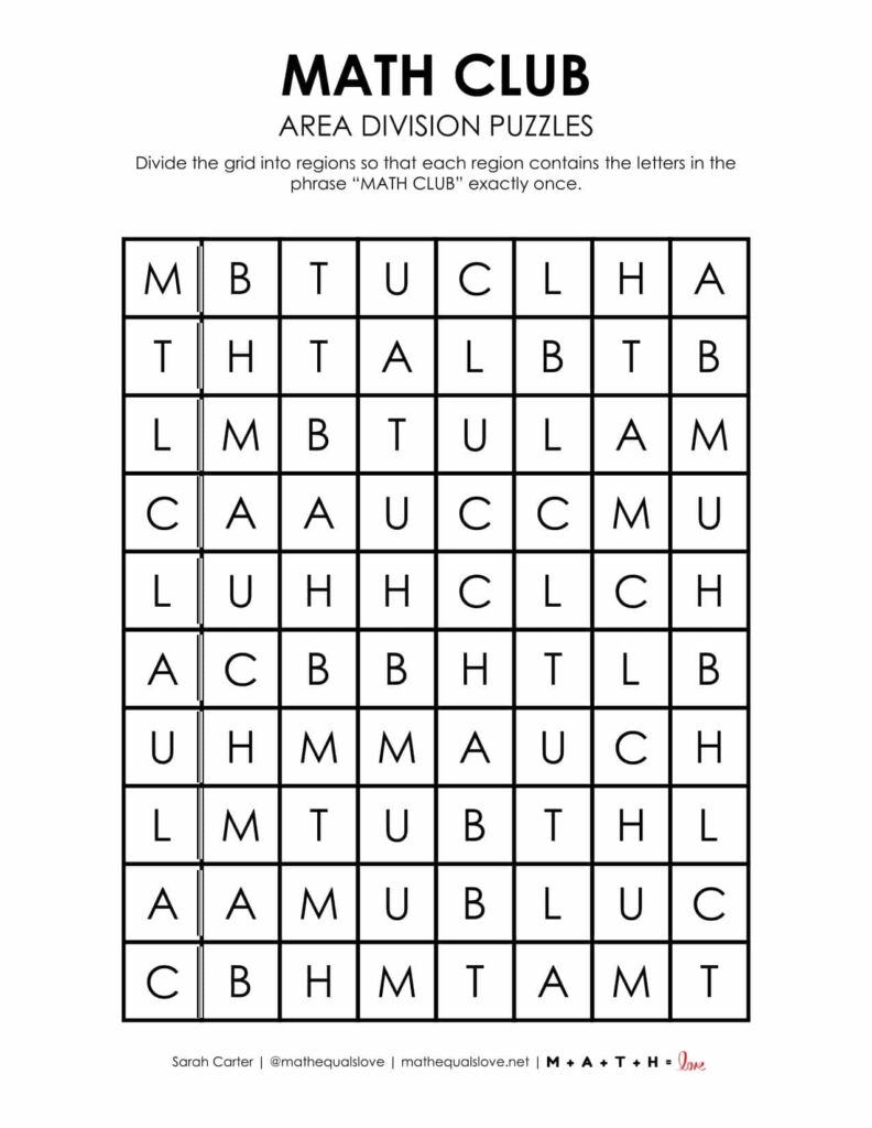 printable math club activity area division logic puzzle. 