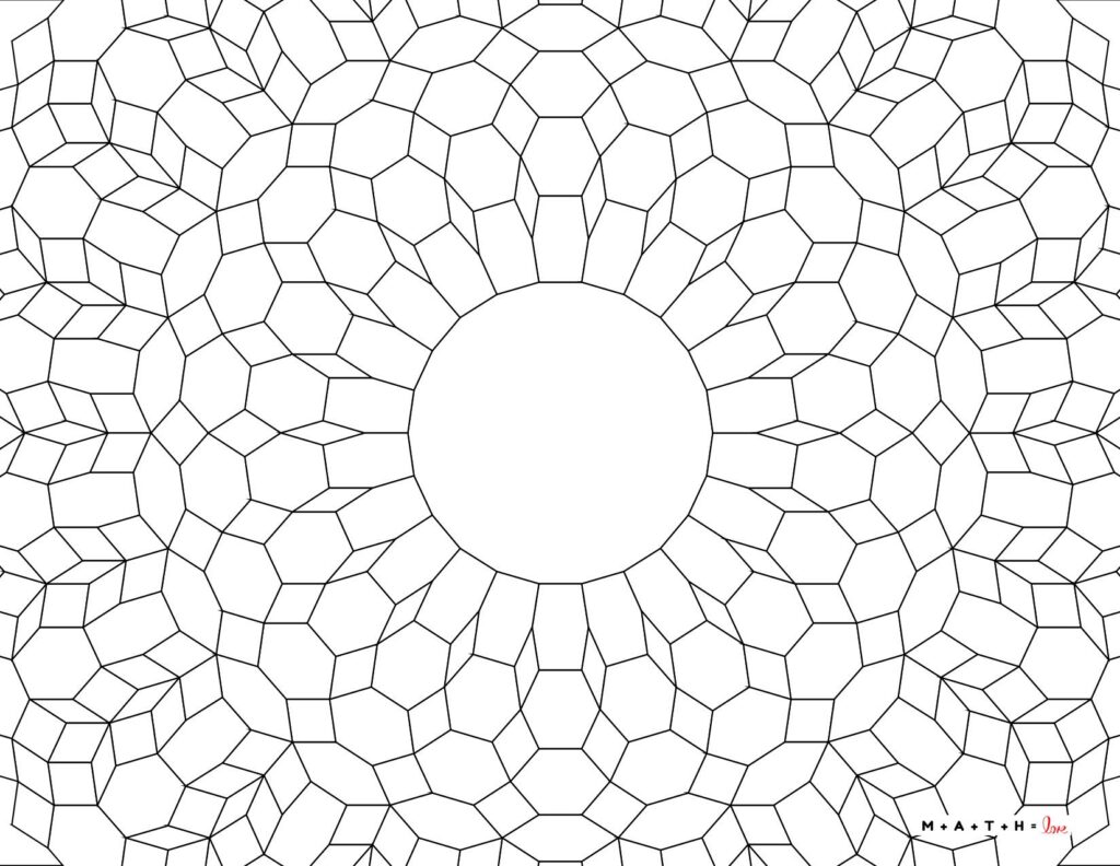 geometric pattern coloring page with mathematical tiling. 