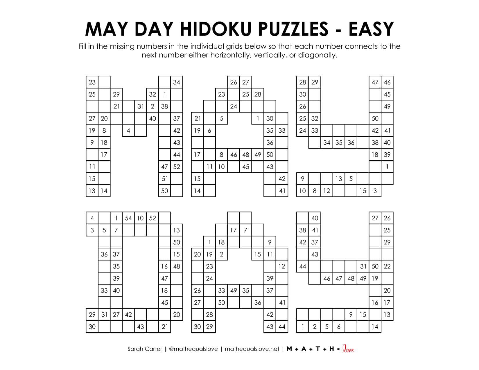 May Day Hidoku Puzzles | Math = Love