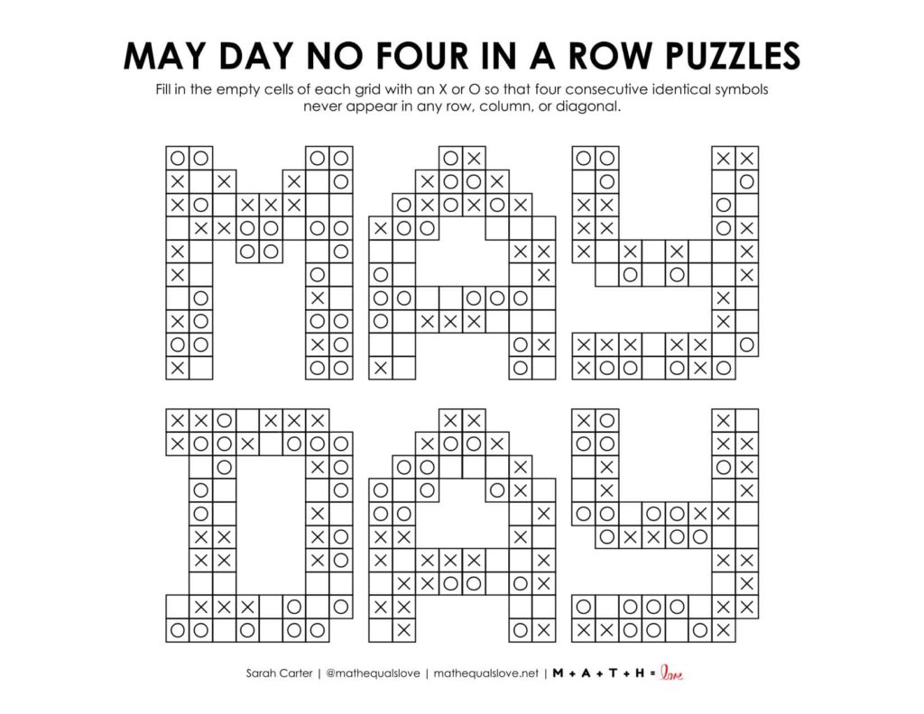 may day no four in a row logic puzzle printable pdf.