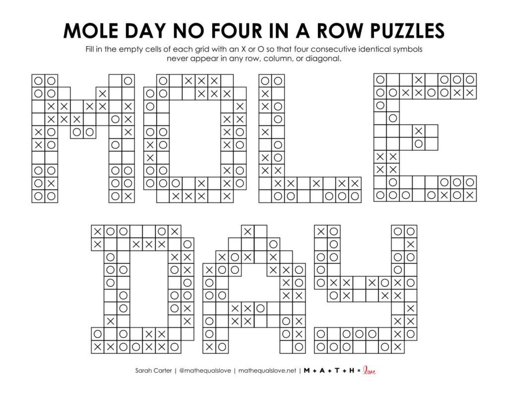 mole day no four in a row logic puzzle printable pdf. 
