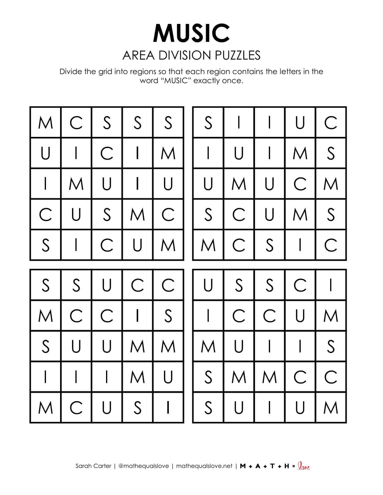 Music Area Division Logic Puzzles | Math = Love