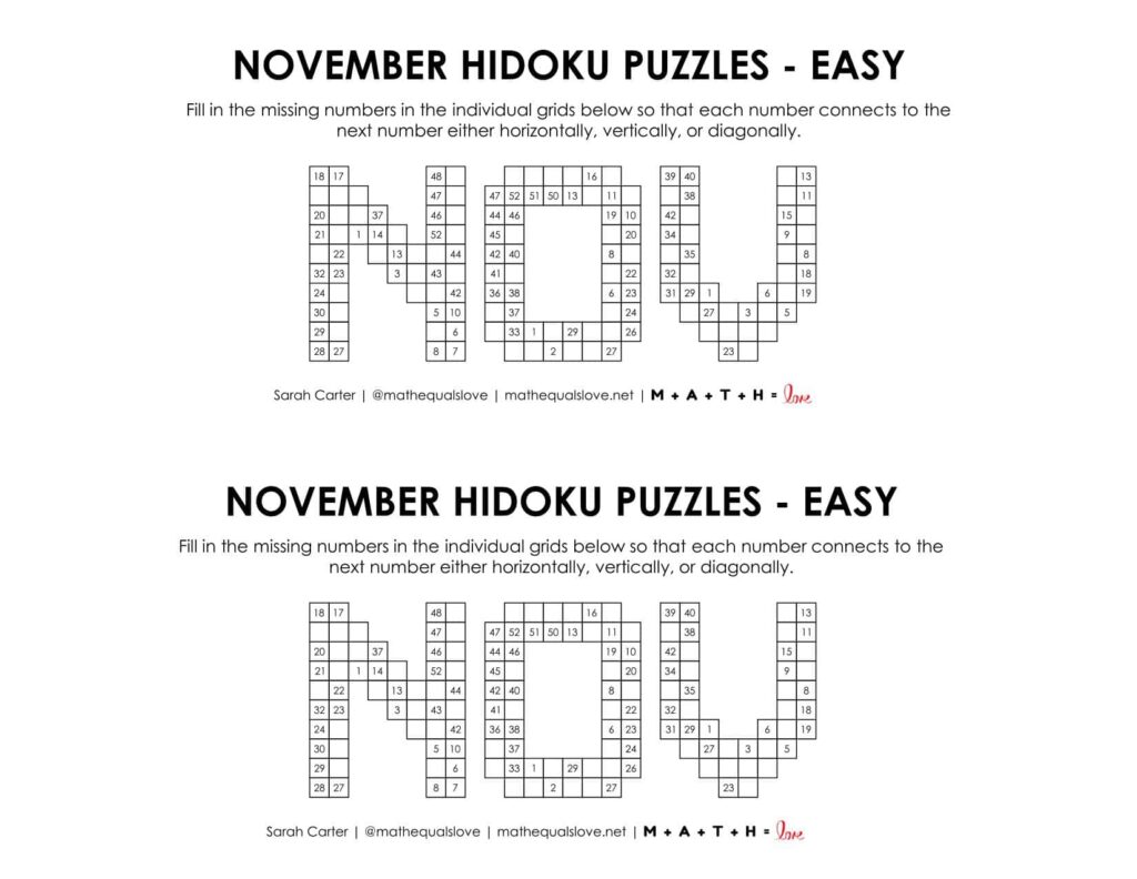 november hidoku logic puzzle level easy. 