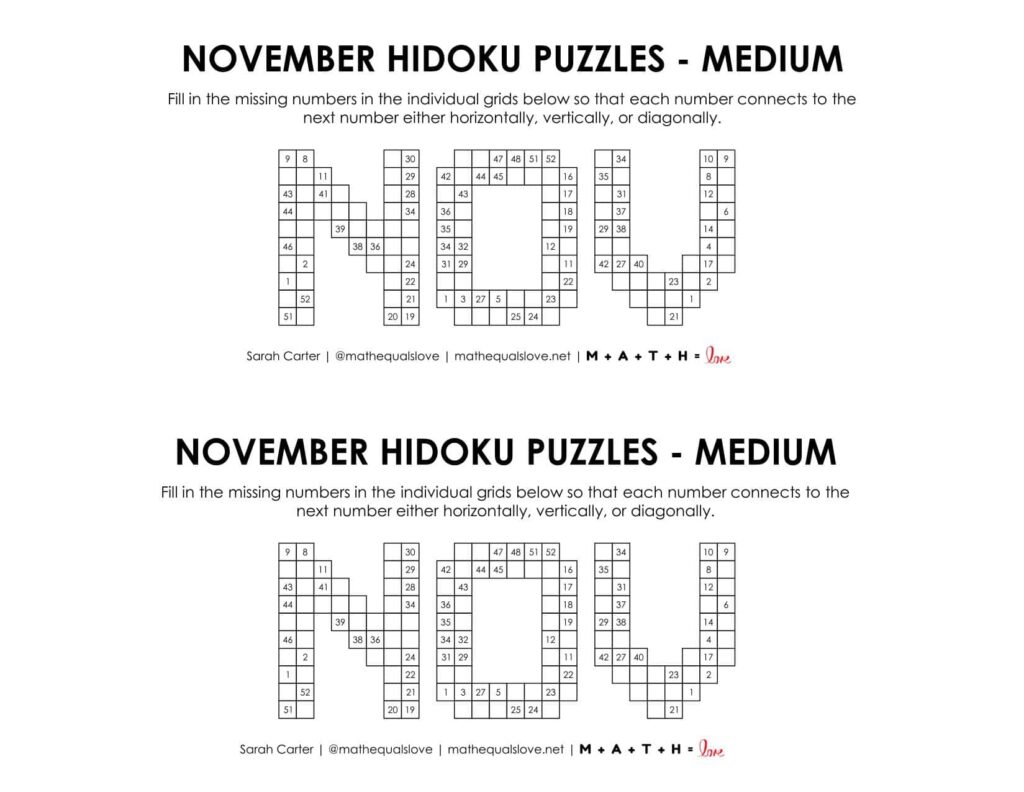 november hidoku puzzle level medium. 