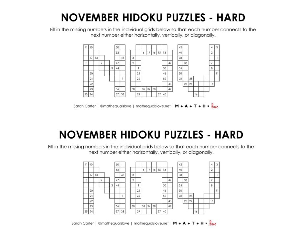november hidoku puzzle level hard. 