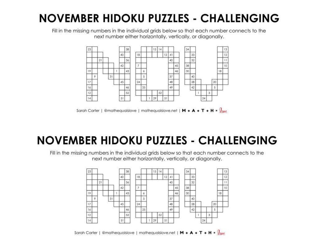 november hidoku logic puzzle level challenging. 