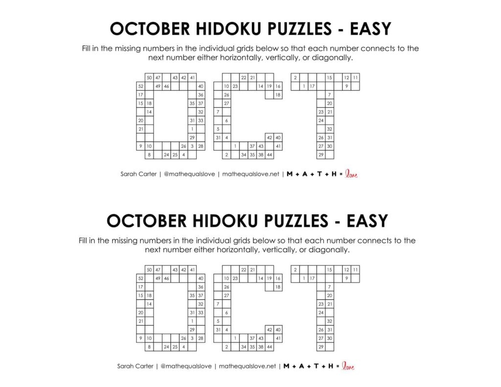 october hidoku logic puzzle printable level easy. 