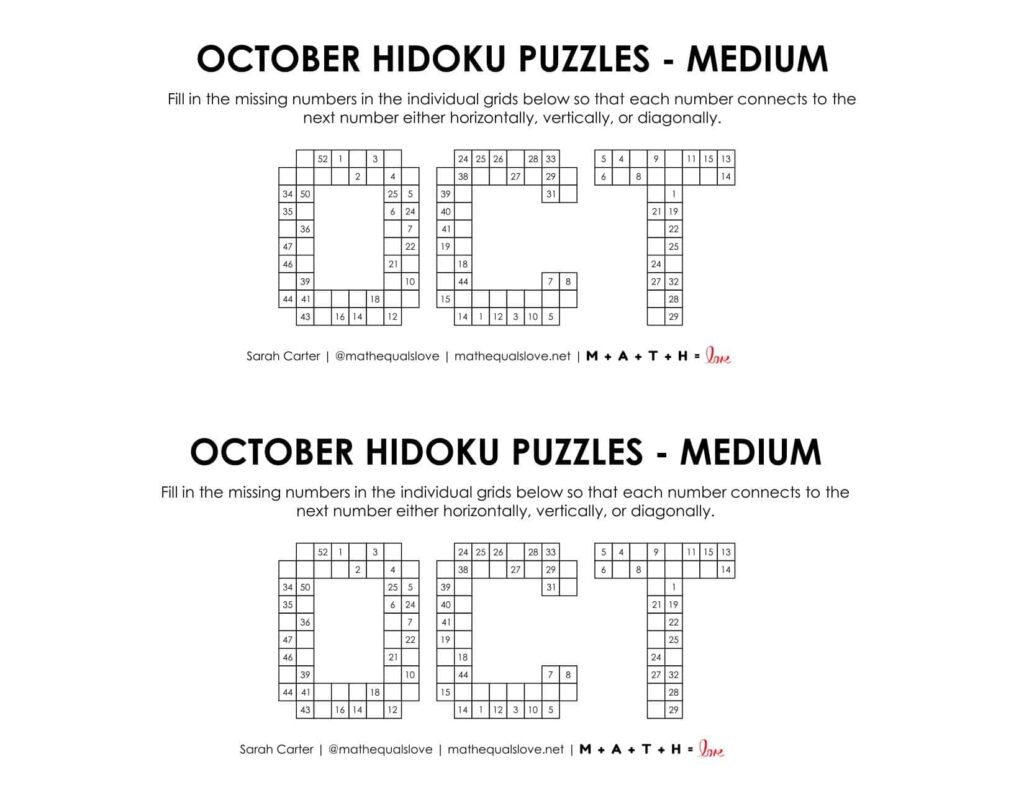 october hidoku logic puzzle printable level medium. 