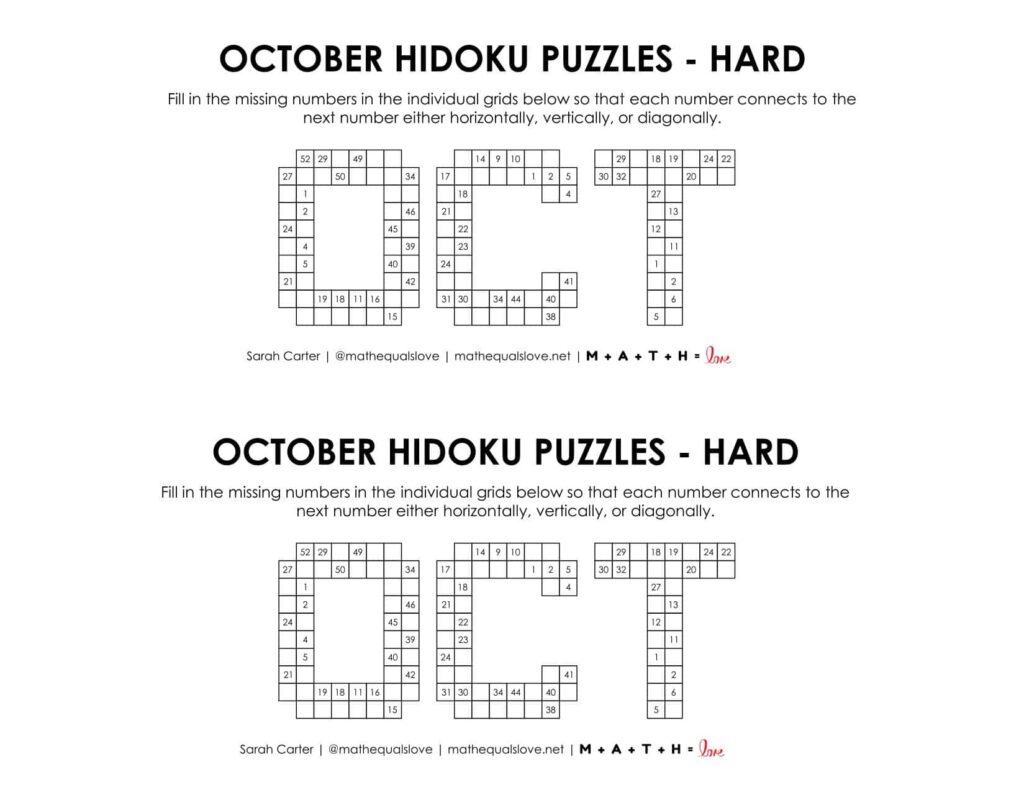 october hidoku logic puzzle level hard. 