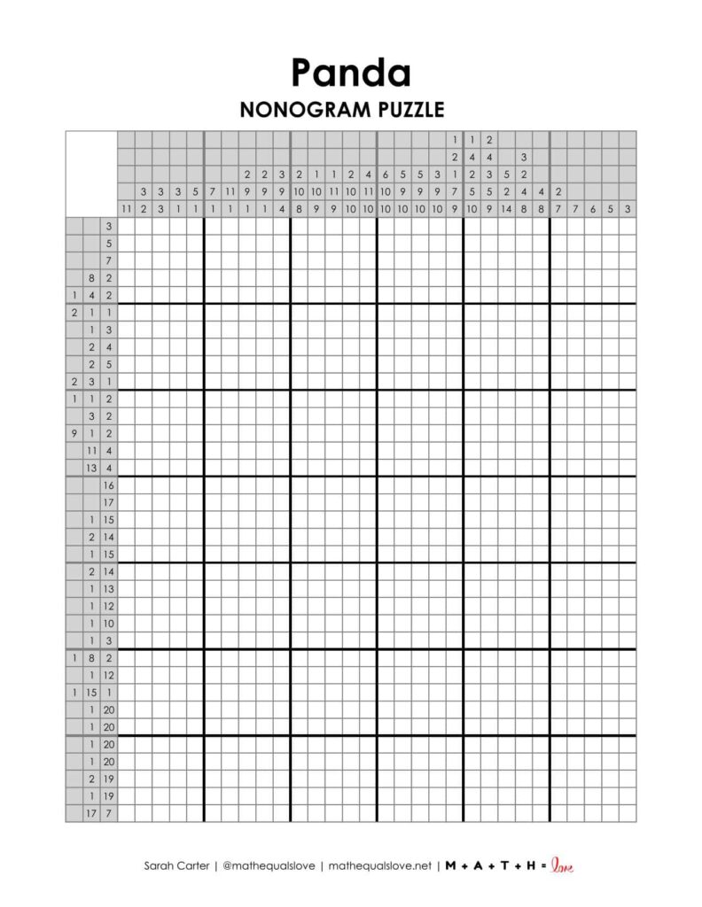 screenshot of panda nonogram puzzle printable pdf. 