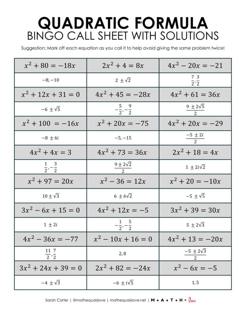 quadratic formula bingo game printable call sheet pdf. 