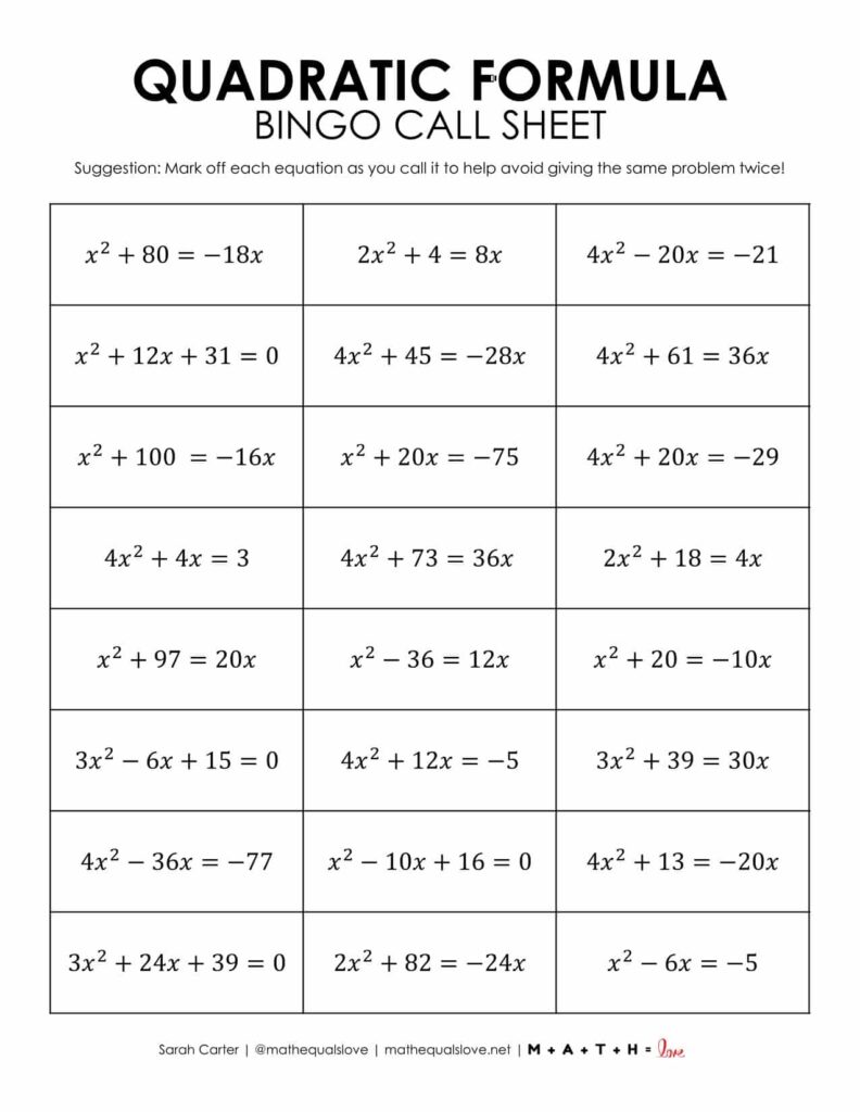quadratic formula activity bingo game free printable pdf. 