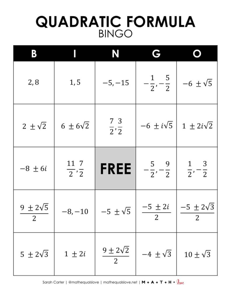 quadratic formula bingo game activity card. 