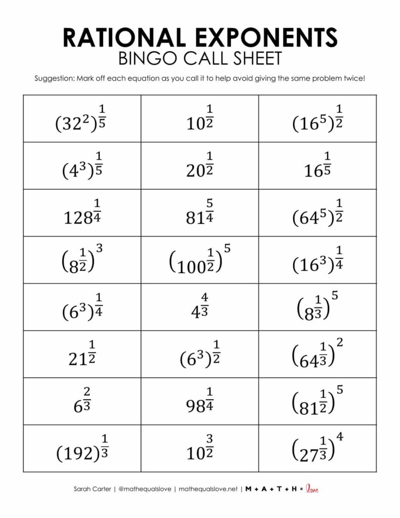 rational exponents activity bingo game printable. 
