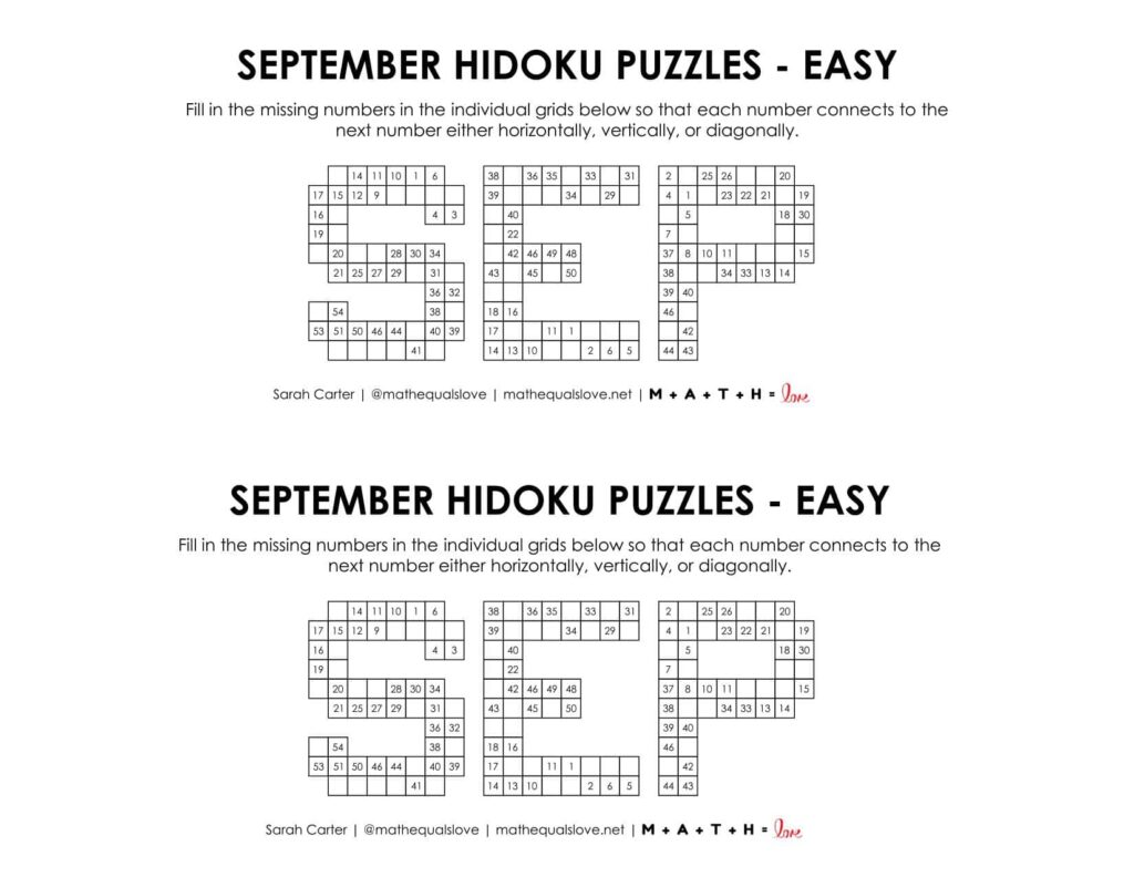 september hidoku logic puzzle level easy. 