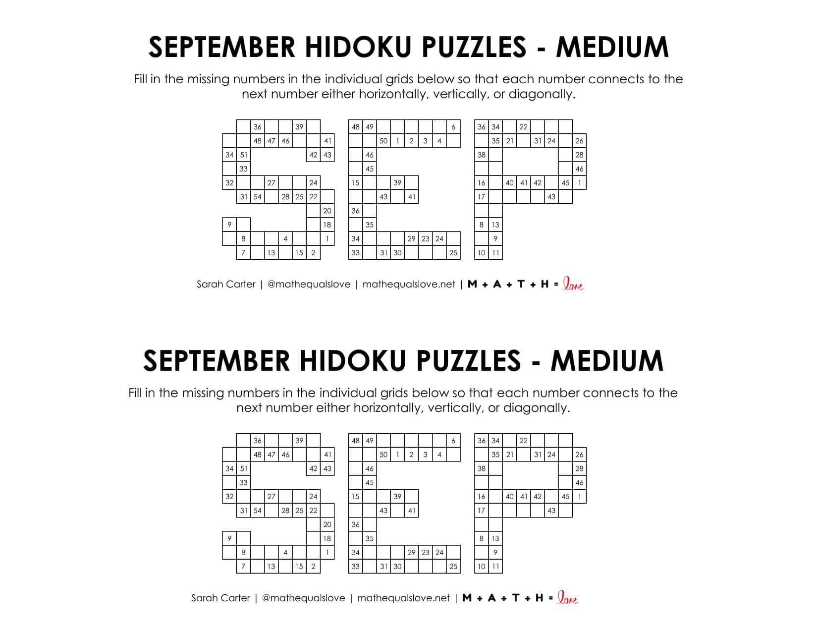September Hidoku Puzzles | Math = Love