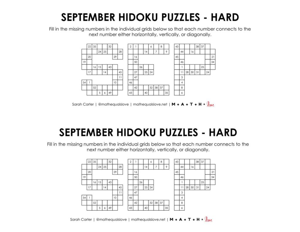 september hidoku logic puzzle level hard. 