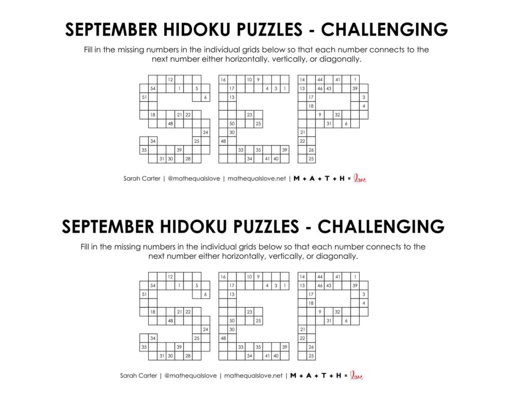 september hidoku logic puzzle level challenging. 