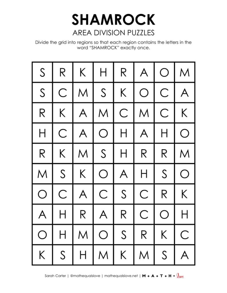 shamrock area division logic puzzle printable pdf.