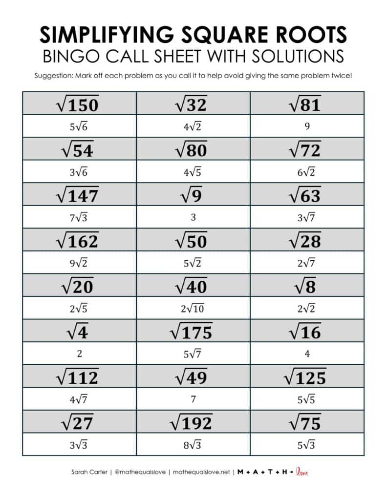 simplifying square roots bingo game free printable pdf call sheet. 