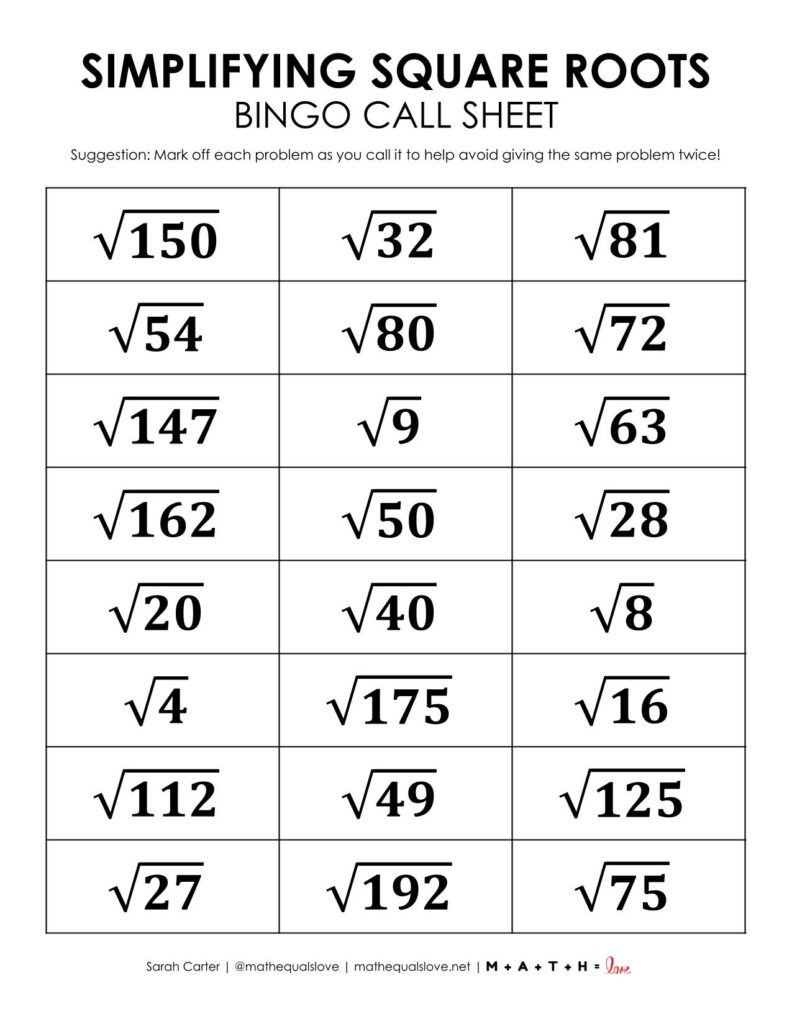 simplifying square roots bingo game call sheet activity free pdf. 