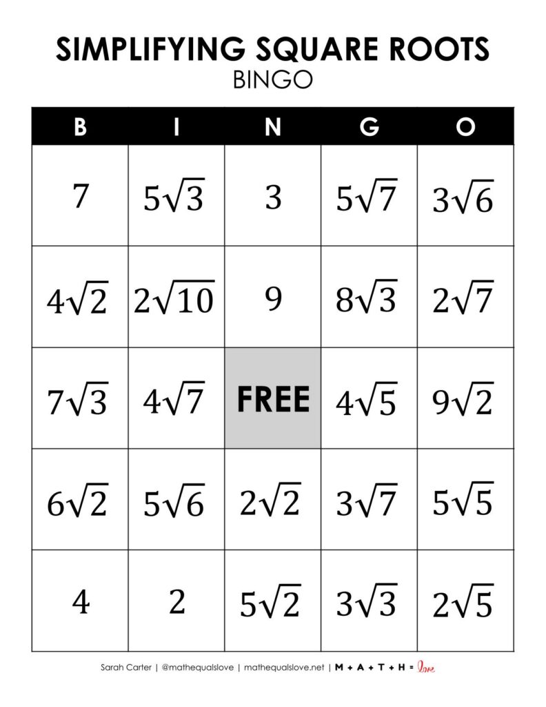 simplifying square roots radicals bingo game card printable pdf free. 
