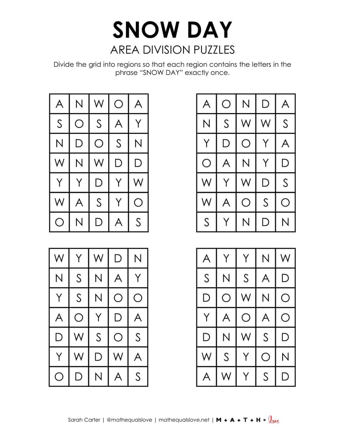 Snow Day Area Division Logic Puzzles | Math = Love