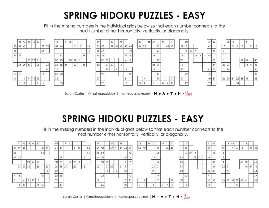 spring hidoku logic puzzle level easy.