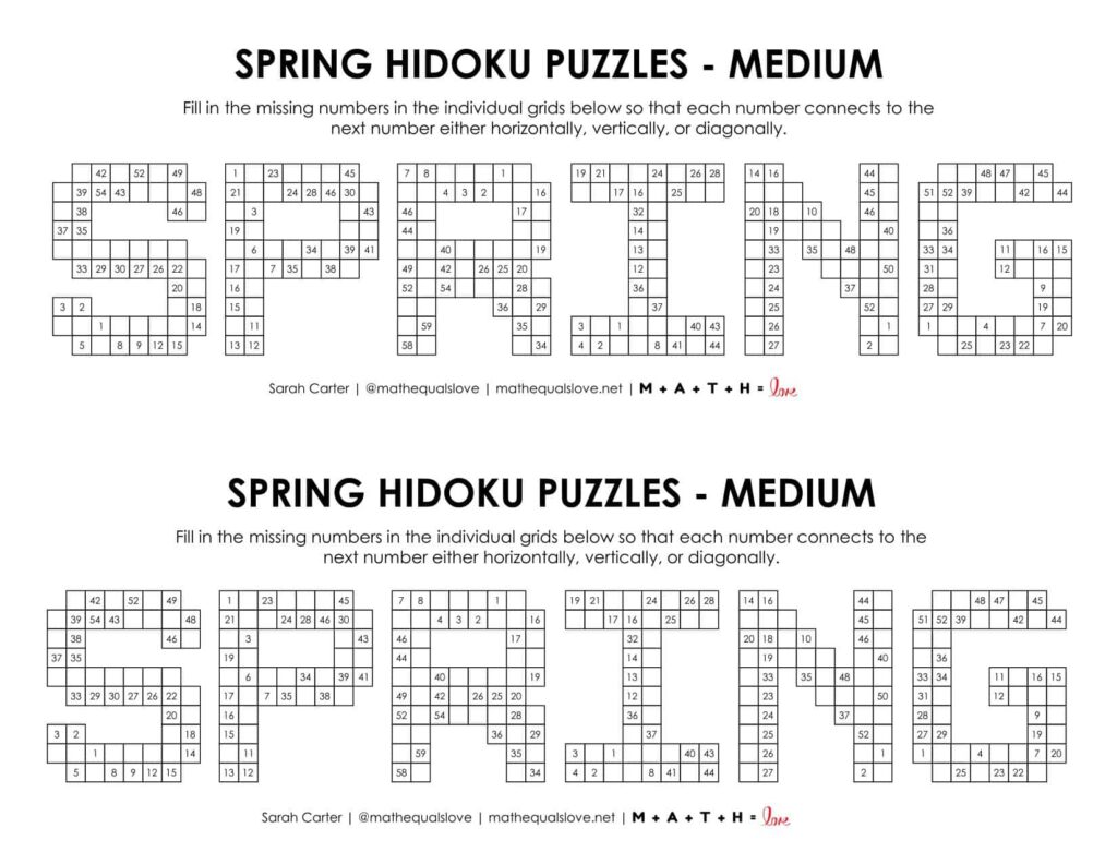 spring hidoku logic puzzle level medium.
