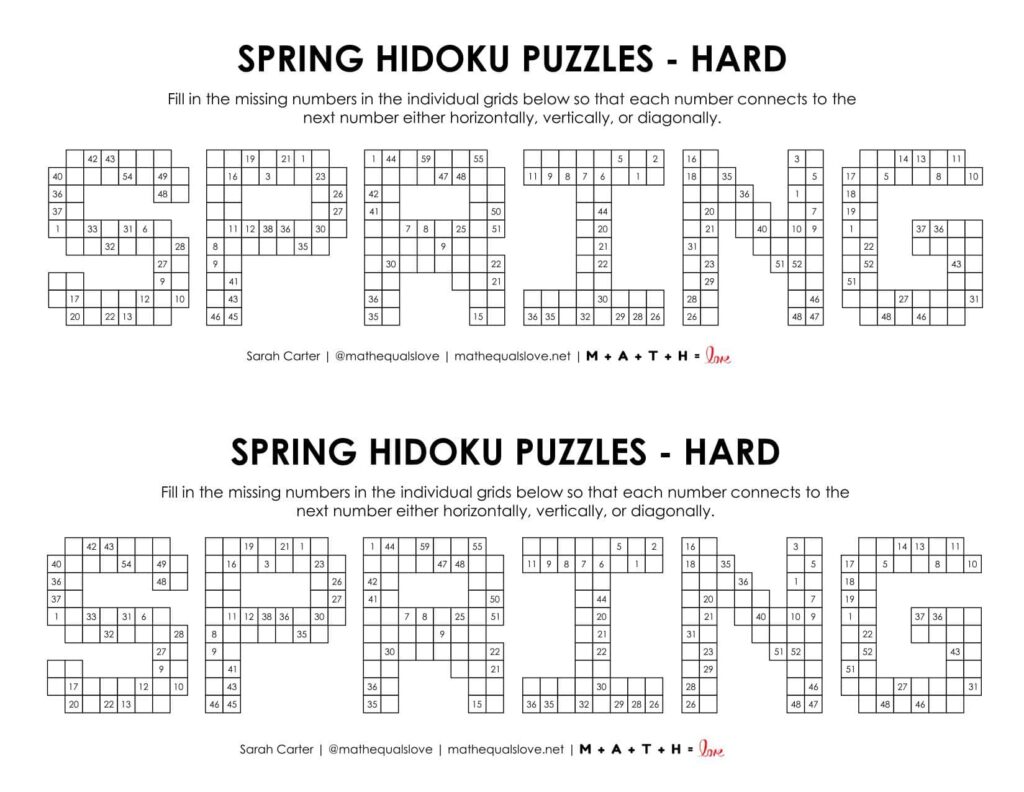 spring hidoku logic puzzle level hard.