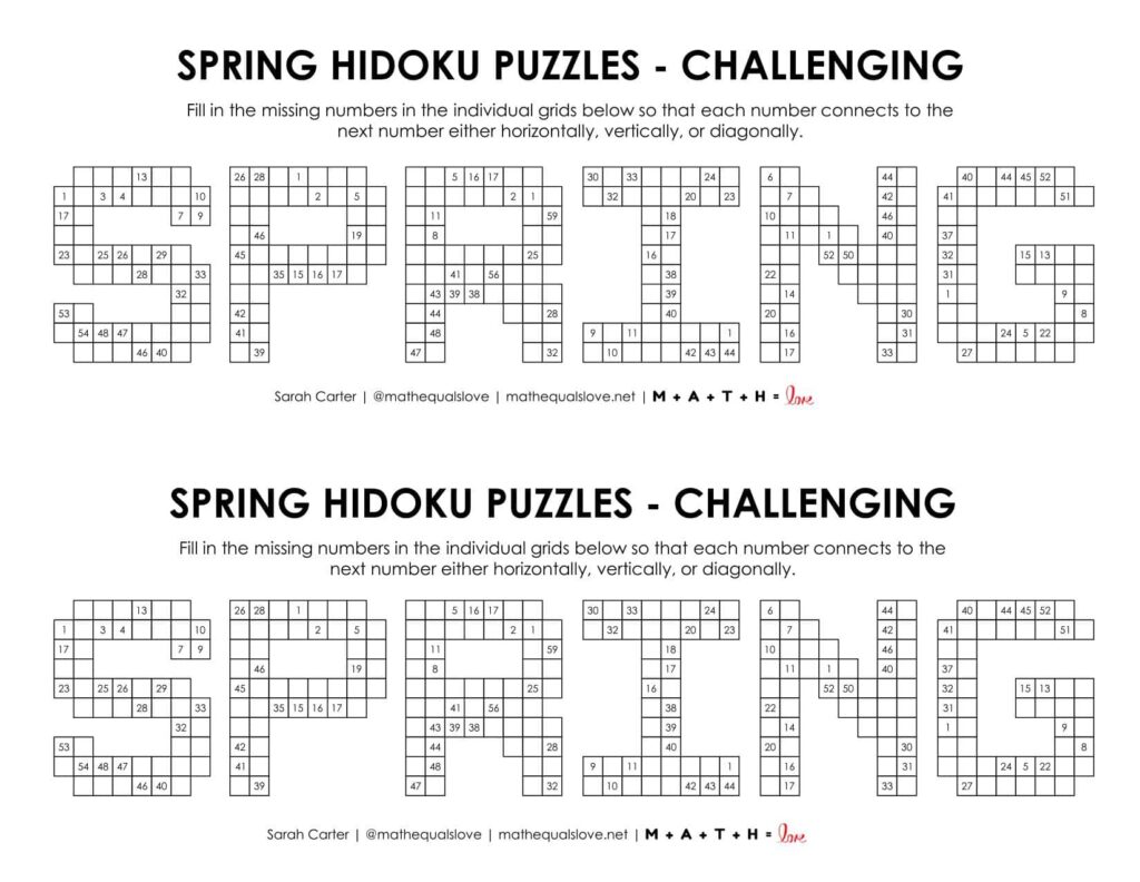 spring hidoku logic puzzle level challenging.