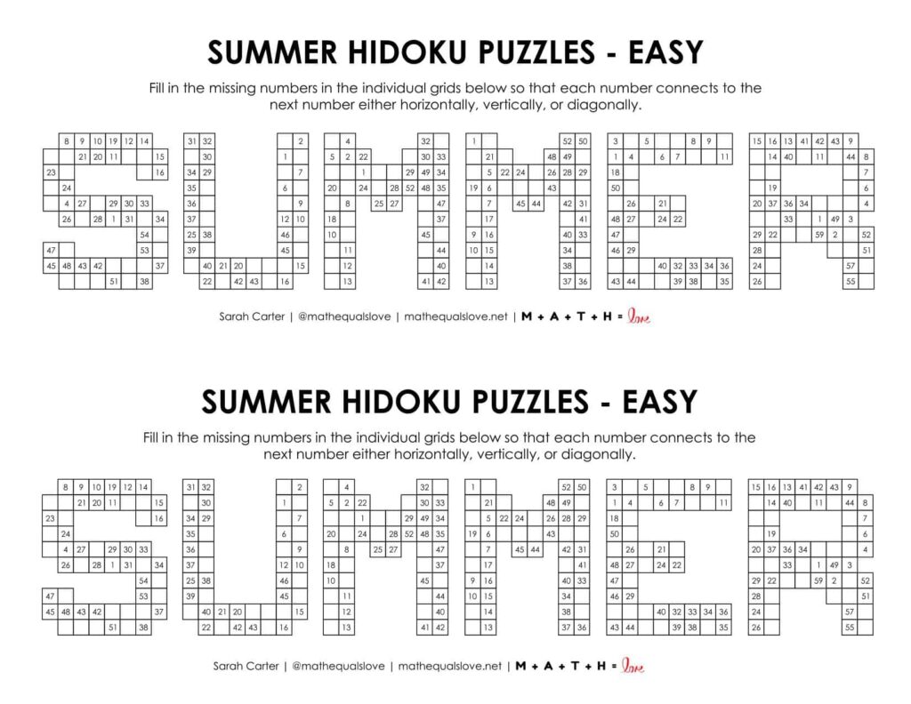 summer hidoku logic puzzle printable level easy.
