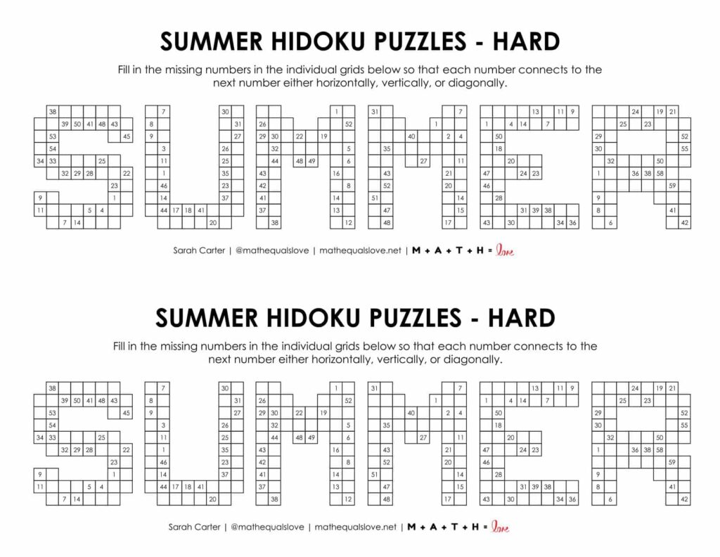 summer hidoku logic puzzle level hard.