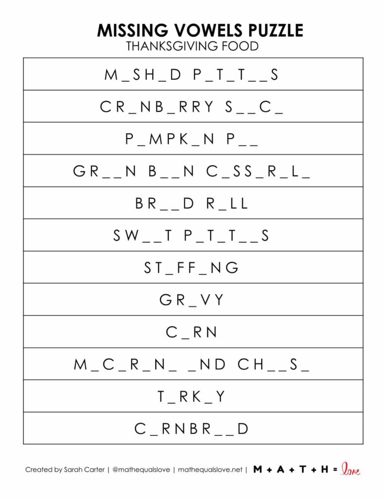 thanksgiving foods puzzle with missing vowels for thanksgiving day fun. 
