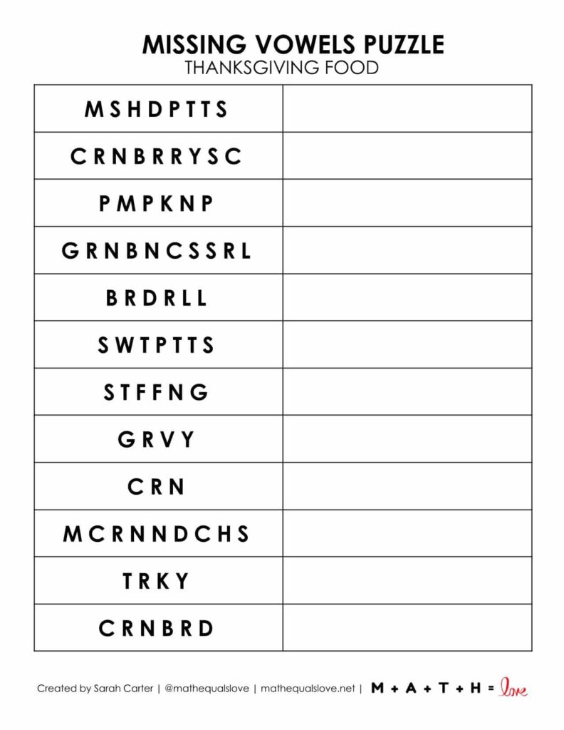 thanksgiving day word puzzle with missing vowels free printable. 