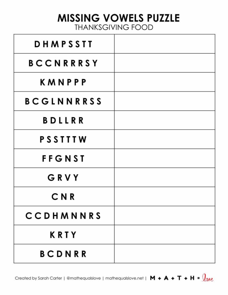 thanksgiving printable puzzle with missing vowels. 