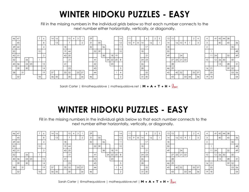 winter hidoku logic puzzles level easy.