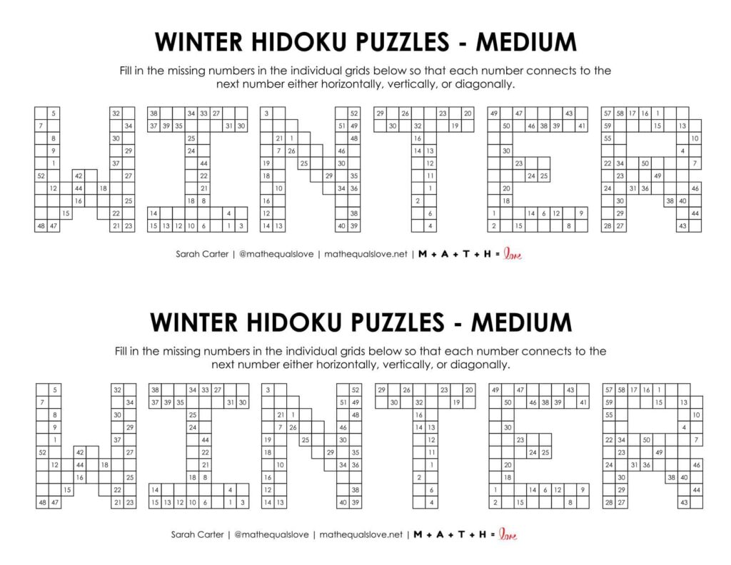 winter hidoku logic puzzles level medium.