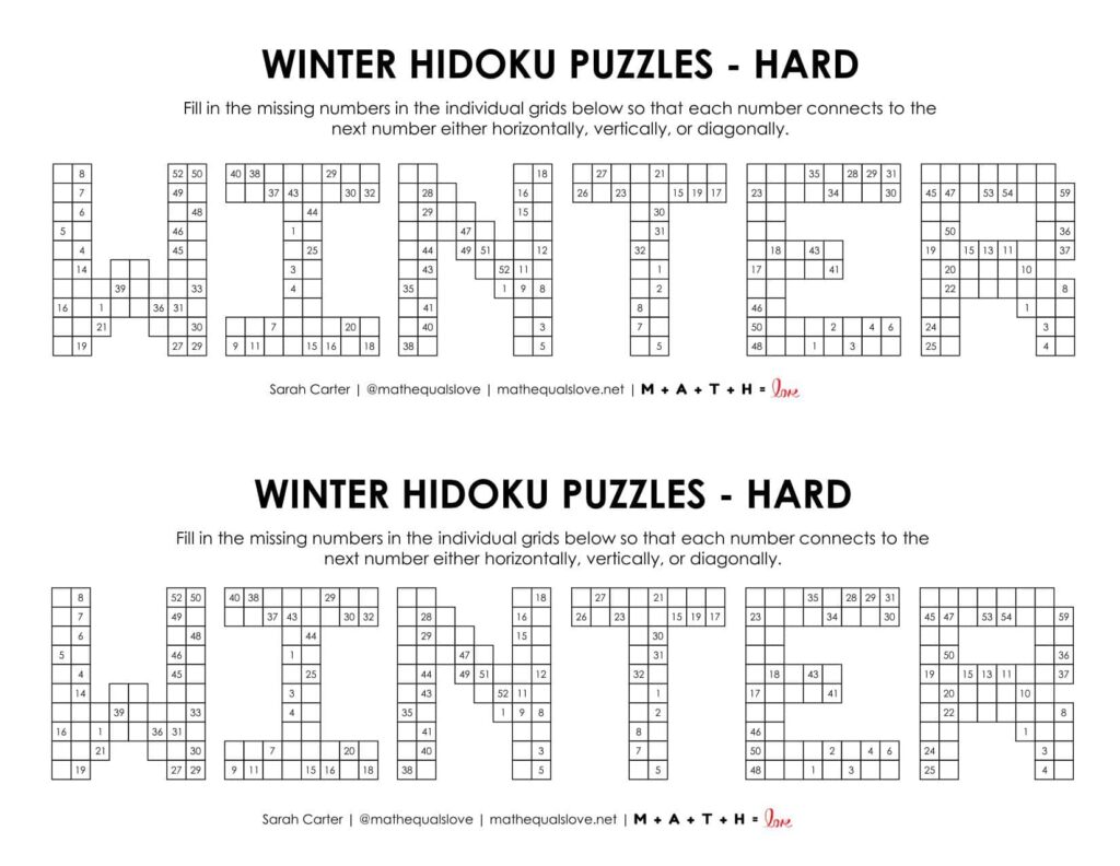 winter hidoku logic puzzles level hard.