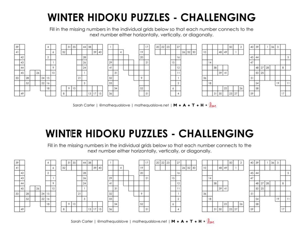 winter hidoku logic puzzles level challenging.